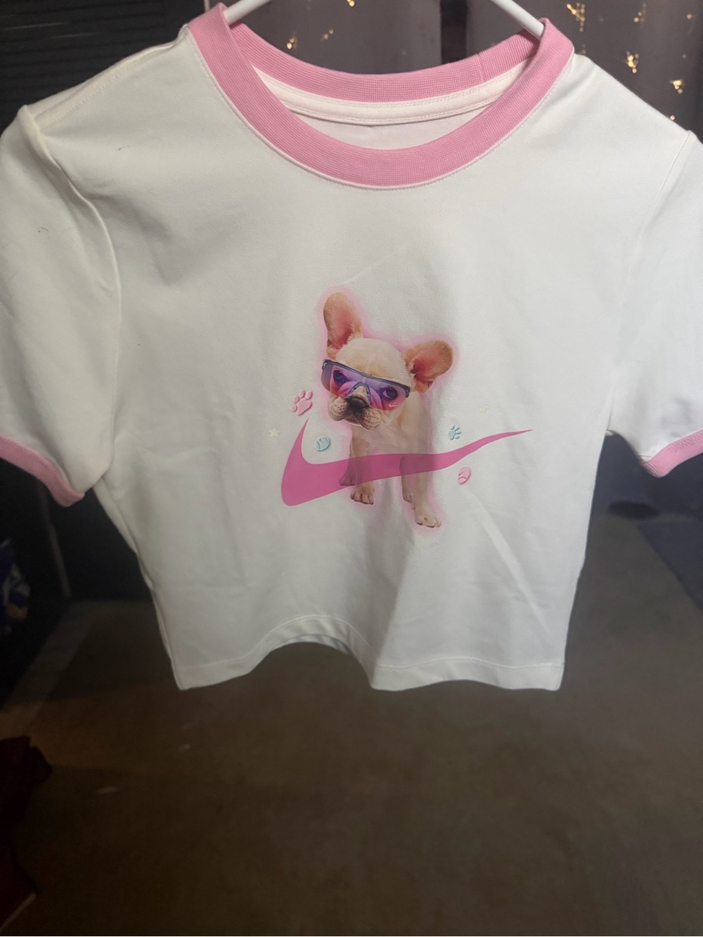 Nike White Tee with Pink Trim and Pink Puppy Graphic